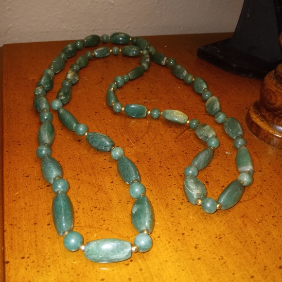 Carved Jade and Gold Clamp Bead Extra Long Vintage Necklace - Picture 5 of 11